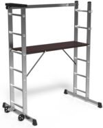VOUNOT Échafaudage Aluminium 3 En 1 Échelle Stable Multifonction avec Plateforme de Travail  120 x 40cm Charge Max 150KG 6 Postions Échafaudage Mobile sur Roues avec Support à Outils