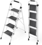 KINGRACK Escabeau 4 Marches Pliable, Escabeau Pliant avec Marchepied Antidérapant et Large, Mains Courantes, pour Adultes, Maison, Cuisine, Bureau, Escabot en Acier Robuste, Léger et Portable, Blanc