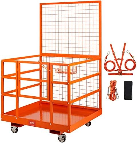 51PFmkzQDgL._AC_.jpg VEVOR Cage de Sécurité Chariots Élévateurs Capacité 635 kg Nacelle Plate-forme de Travail 114,3x109,2x203,2 cm Harnais Sécurité Verrou Drainage Roues Panier Outils Antidérapant pour Travaux en Hauteur – Image 1